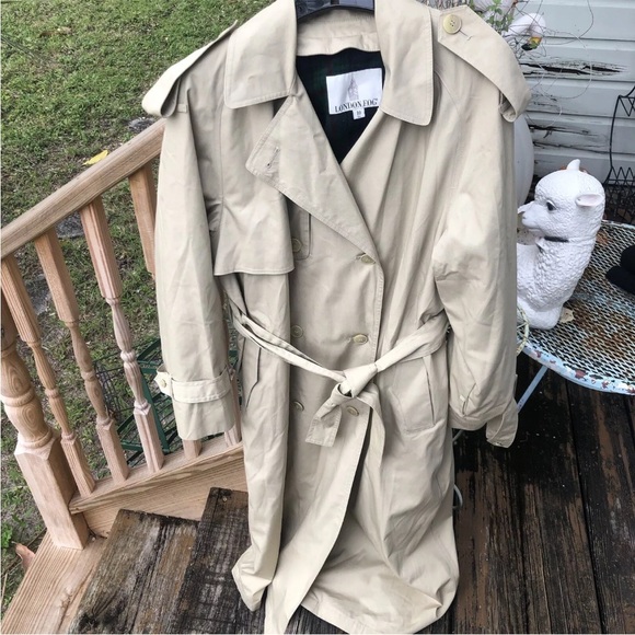 London Fog 10 Trench Rain Coat Belt Removable Blue Green Red Plaid Liner Vtg 90s - Picture 1 of 7